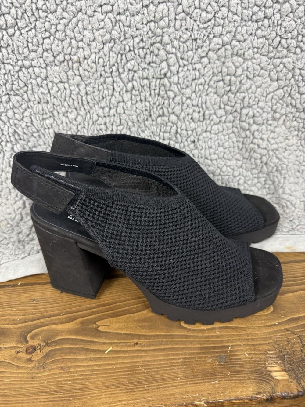 Eileen Fisher Womens 9 Cue Stretch Knit Sandals Black Mesh Platform Heels Lugged